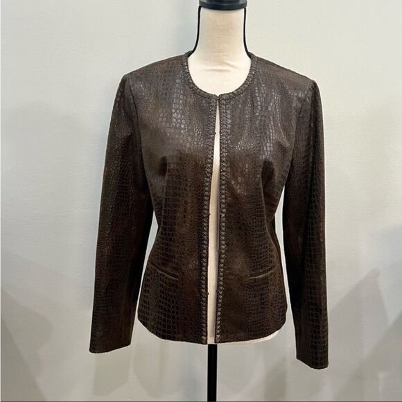 Chico's Jackets & Blazers - CHICOS Brown Embossed Faux
Snakeskin~Leopard Satin
Lined~Stud/Bead Jacket~1~S/
M